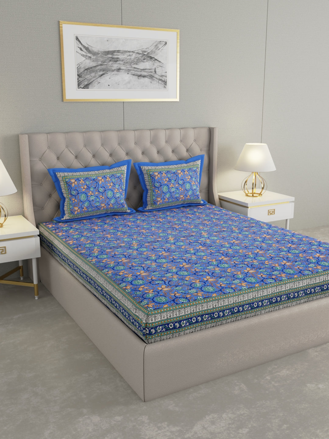 Pure Organic Cotton Bedsheet Hand Block Printed King Size with Pillow Covers 240 TC 90X108 inches