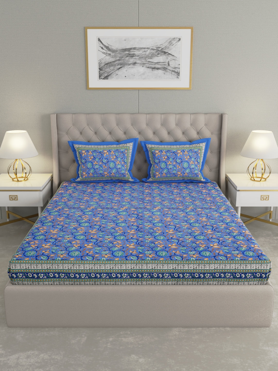 Pure Organic Cotton Bedsheet Hand Block Printed King Size with Pillow Covers 240 TC 90X108 inches