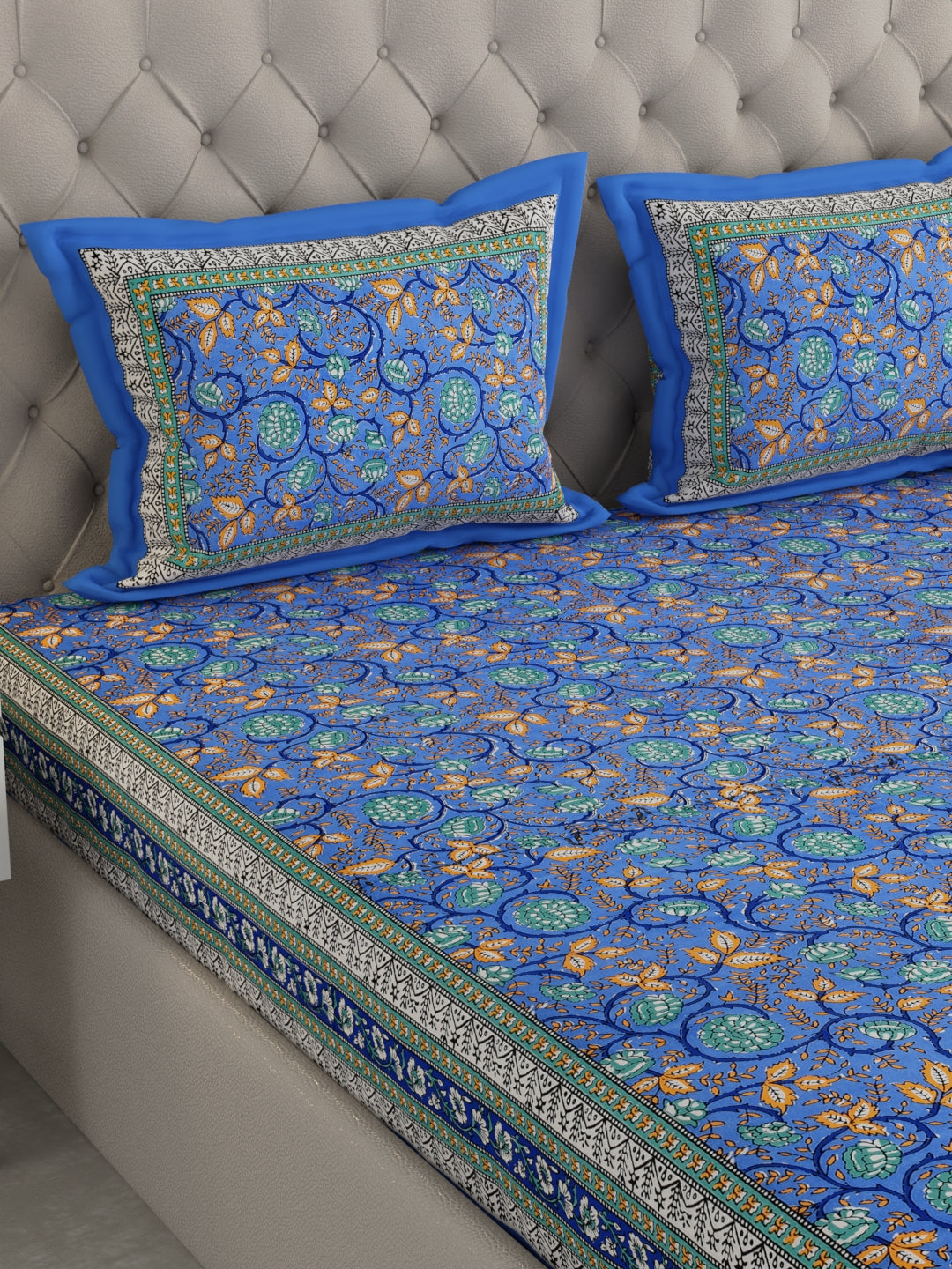 Pure Organic Cotton Bedsheet Hand Block Printed King Size with Pillow Covers 240 TC 90X108 inches