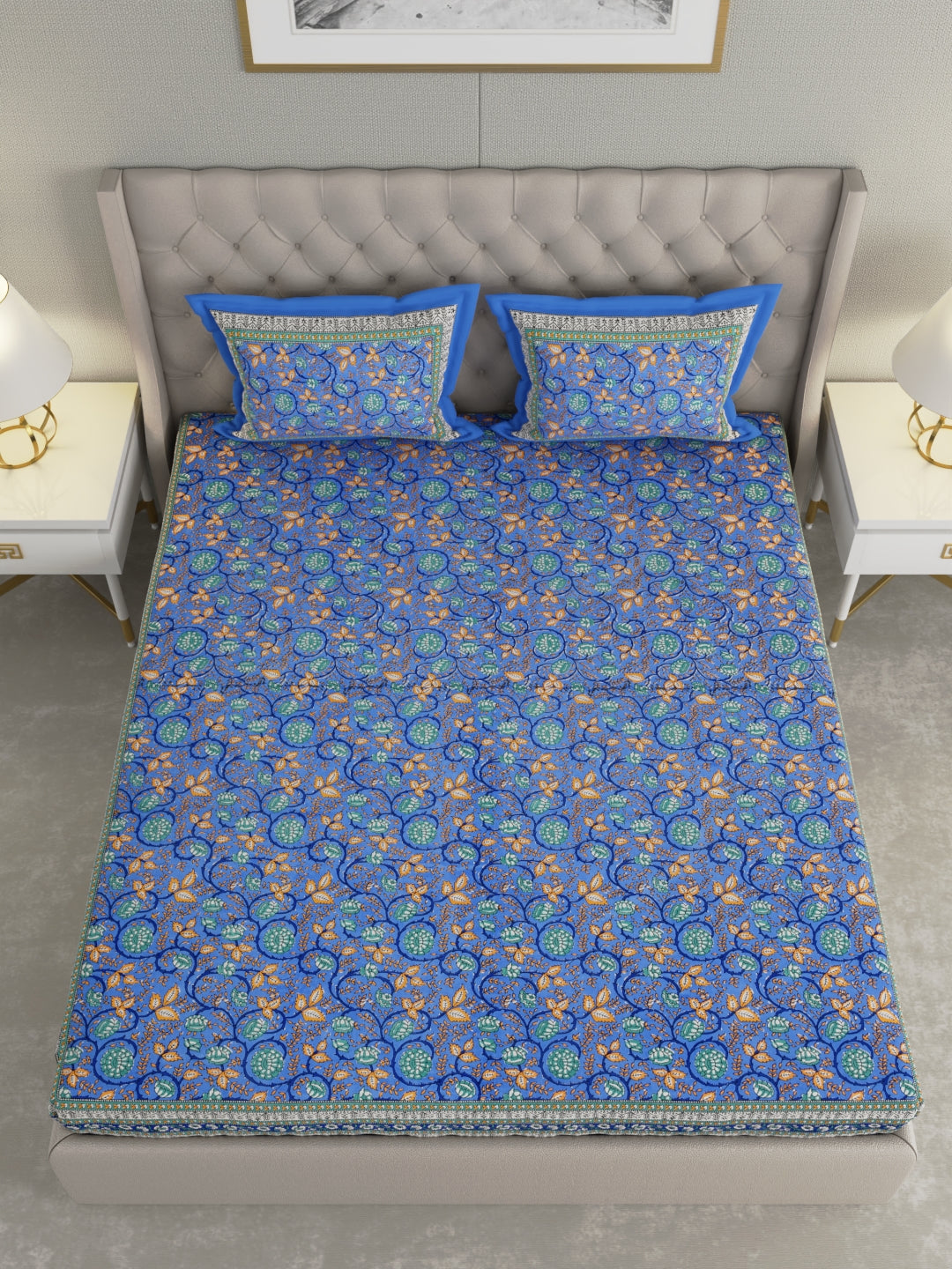 Pure Organic Cotton Bedsheet Hand Block Printed King Size with Pillow Covers 240 TC 90X108 inches