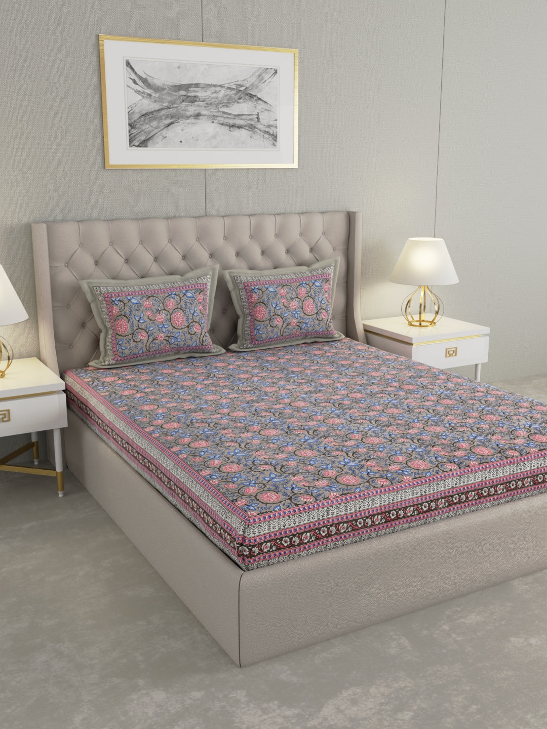 Pure Organic Cotton Bedsheet Hand Block Printed King Size with Pillow Covers 240 TC 90X108 inches