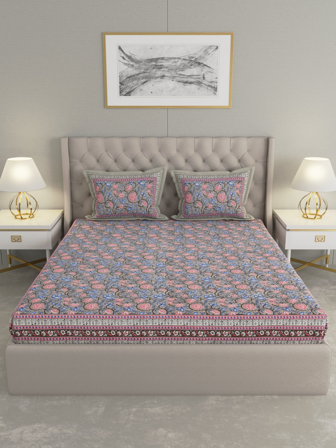 Pure Organic Cotton Bedsheet Hand Block Printed King Size with Pillow Covers 240 TC 90X108 inches