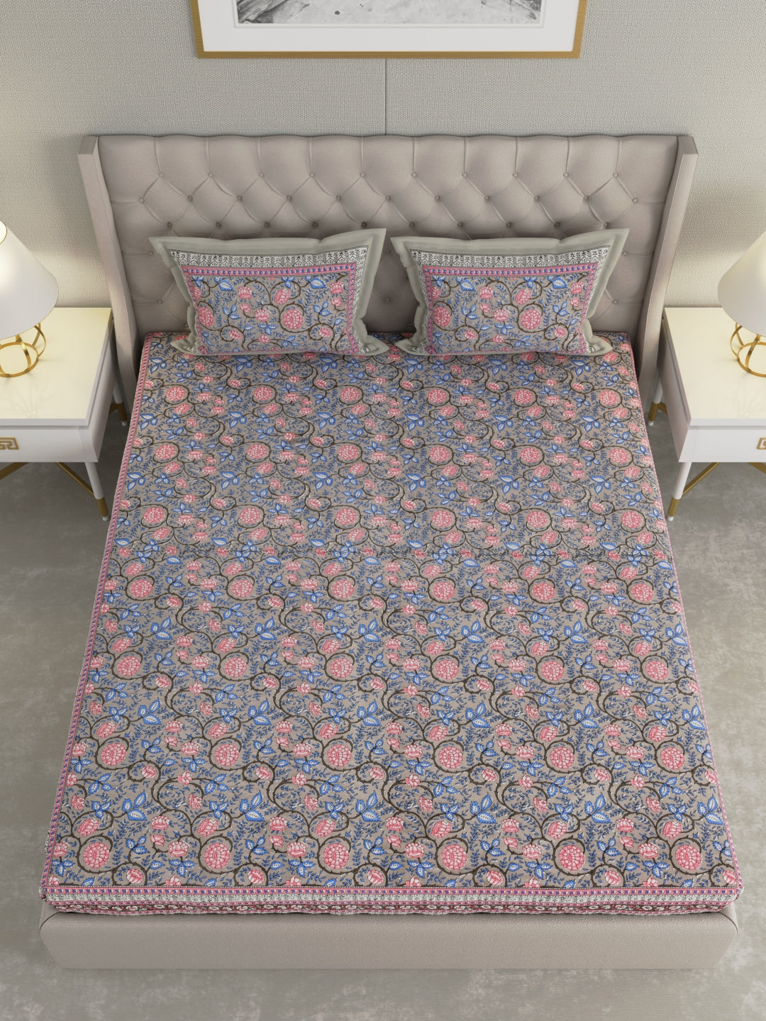 Pure Organic Cotton Bedsheet Hand Block Printed King Size with Pillow Covers 240 TC 90X108 inches