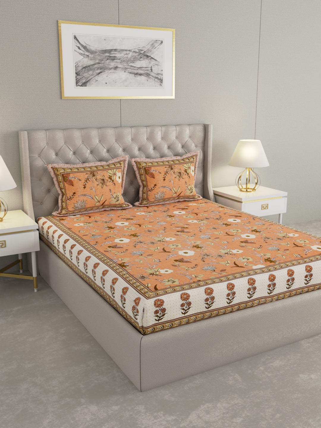 Pure Organic Cotton Bedsheet Hand Block Printed King Size with Pillow Covers 240 TC 90X108 inches