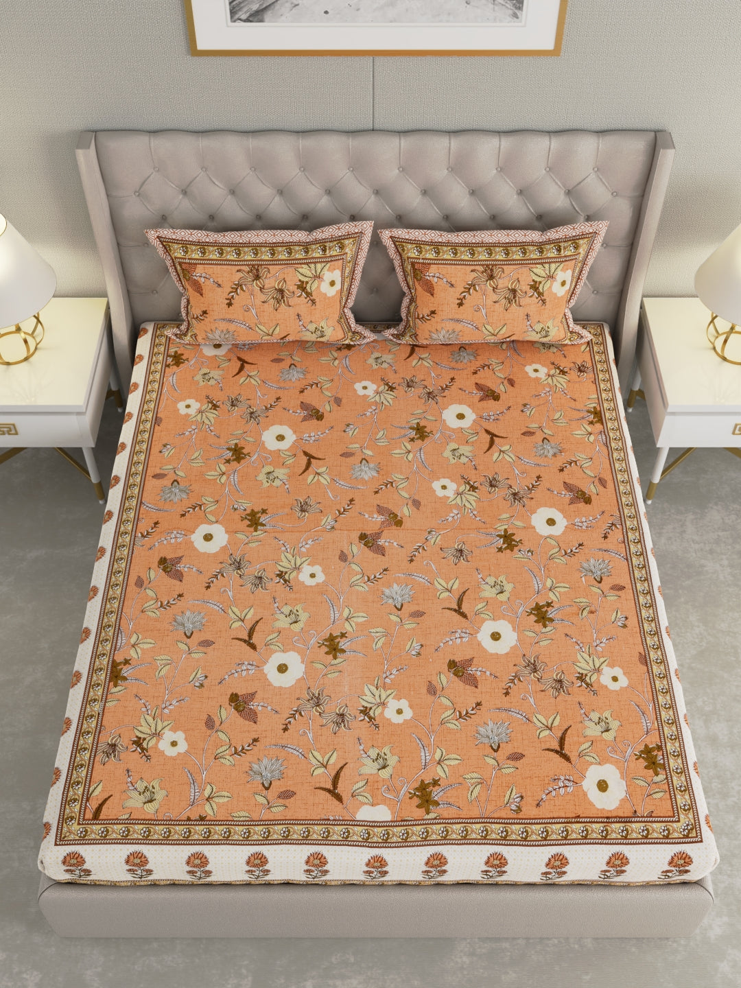 Pure Organic Cotton Bedsheet Hand Block Printed King Size with Pillow Covers 240 TC 90X108 inches