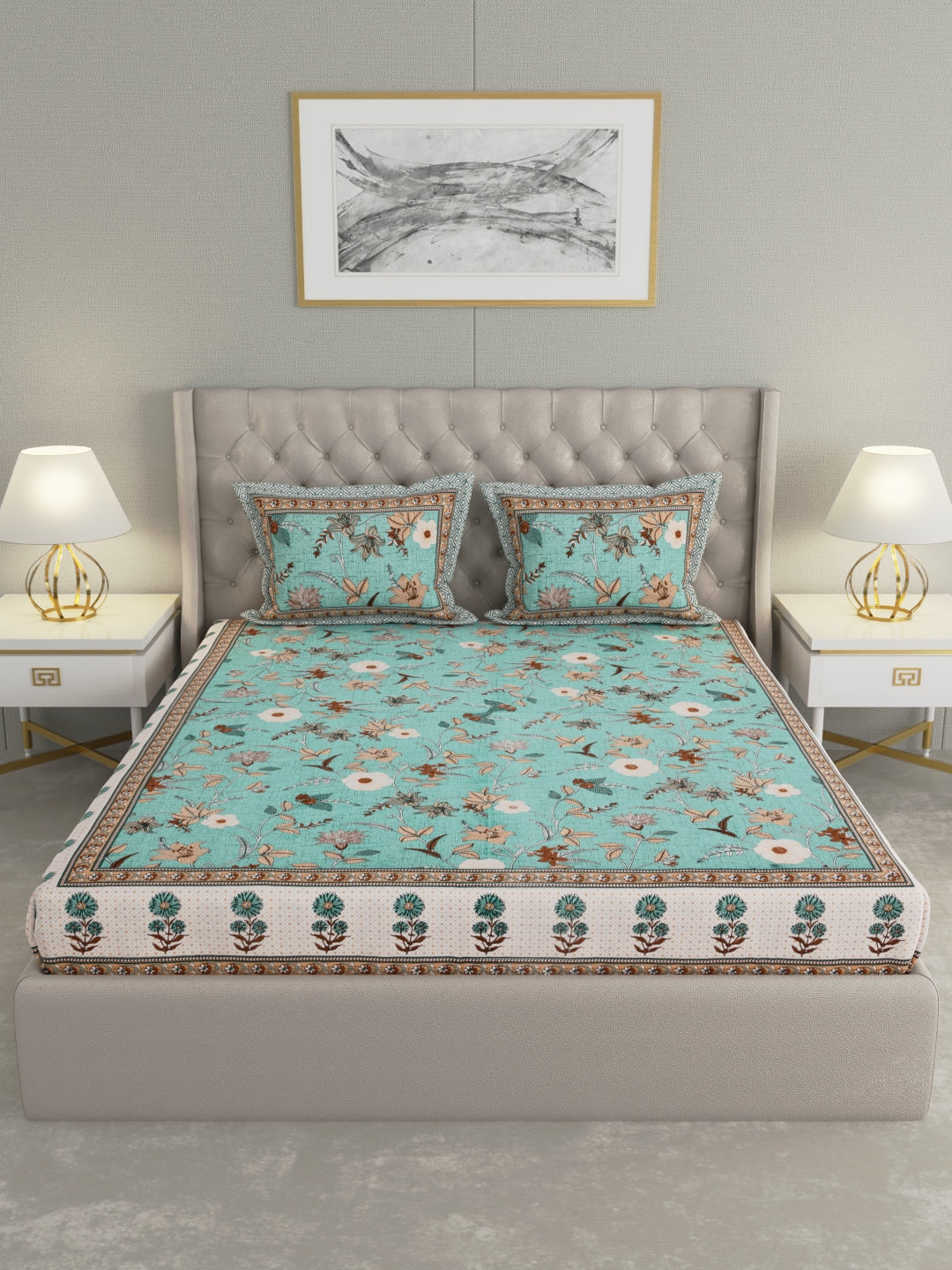 Pure Organic Cotton Bedsheet Hand Block Printed King Size with Pillow Covers 240 TC 90X108 inches