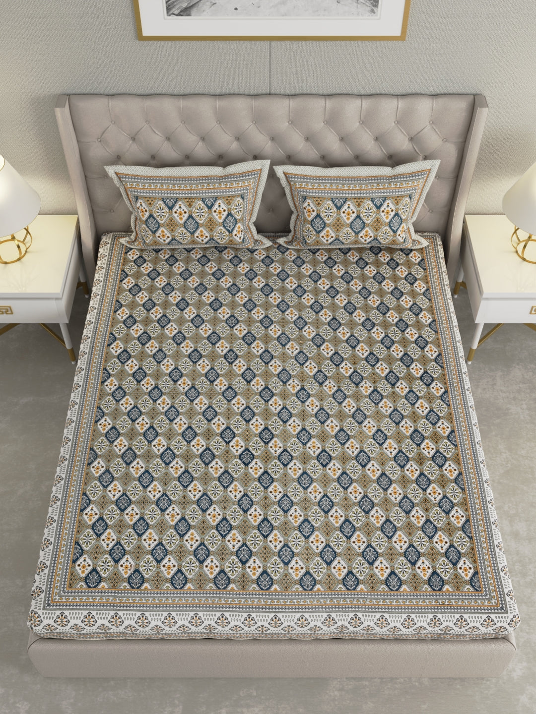 Pure Organic Cotton Bedsheet Hand Block Printed King Size with Pillow Covers 240 TC 90X108 inches