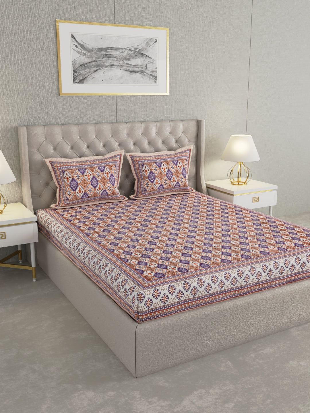 Pure Organic Cotton Bedsheet Hand Block Printed King Size with Pillow Covers 240 TC 90X108 inches