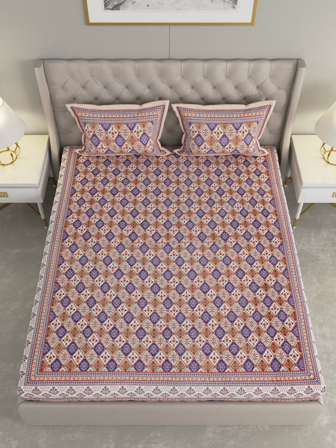 Pure Organic Cotton Bedsheet Hand Block Printed King Size with Pillow Covers 240 TC 90X108 inches