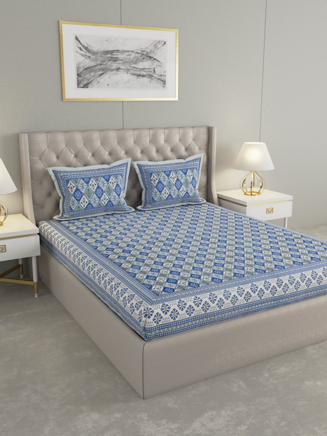 Pure Organic Cotton Bedsheet Hand Block Printed King Size with Pillow Covers 240 TC 90X108 inches