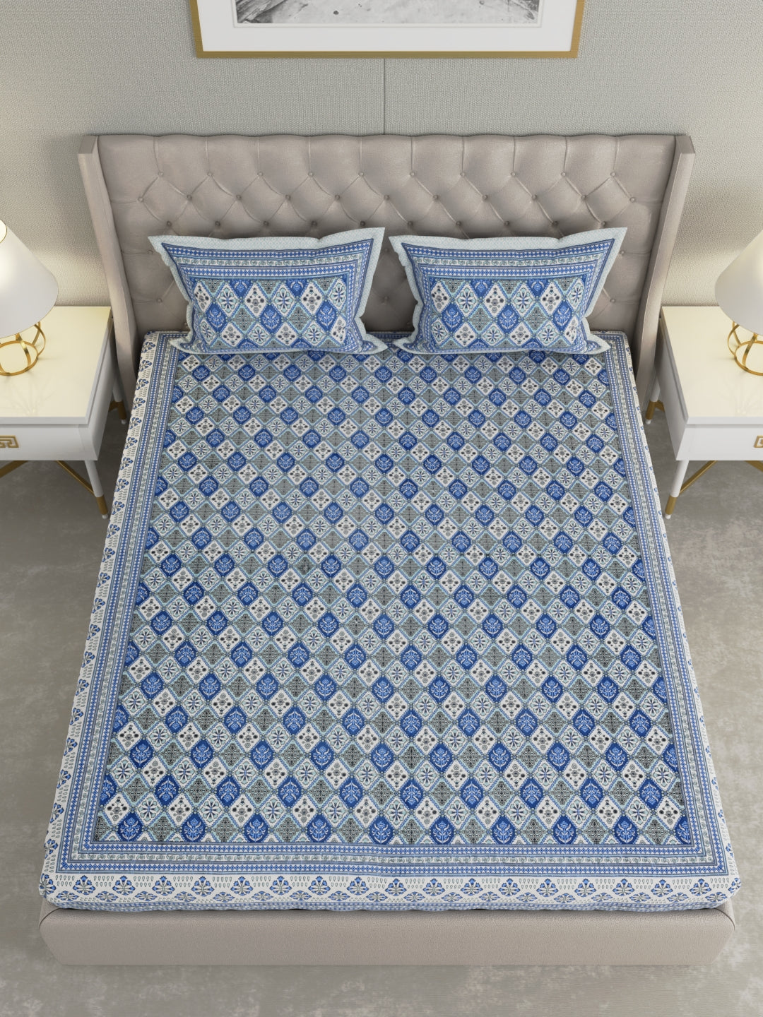 Pure Organic Cotton Bedsheet Hand Block Printed King Size with Pillow Covers 240 TC 90X108 inches