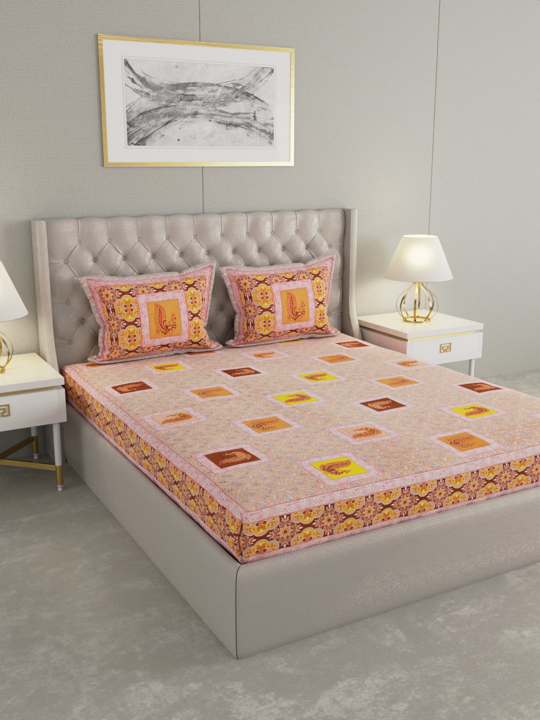 Pure Organic Cotton Bedsheet Hand Block Printed King Size with Pillow Covers 240 TC 90X108 inches