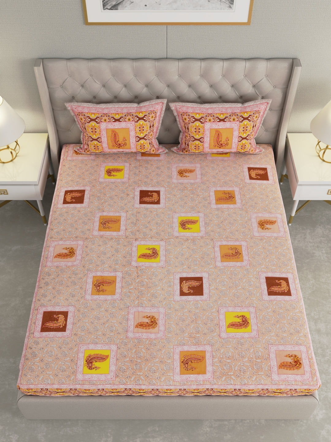 Pure Organic Cotton Bedsheet Hand Block Printed King Size with Pillow Covers 240 TC 90X108 inches