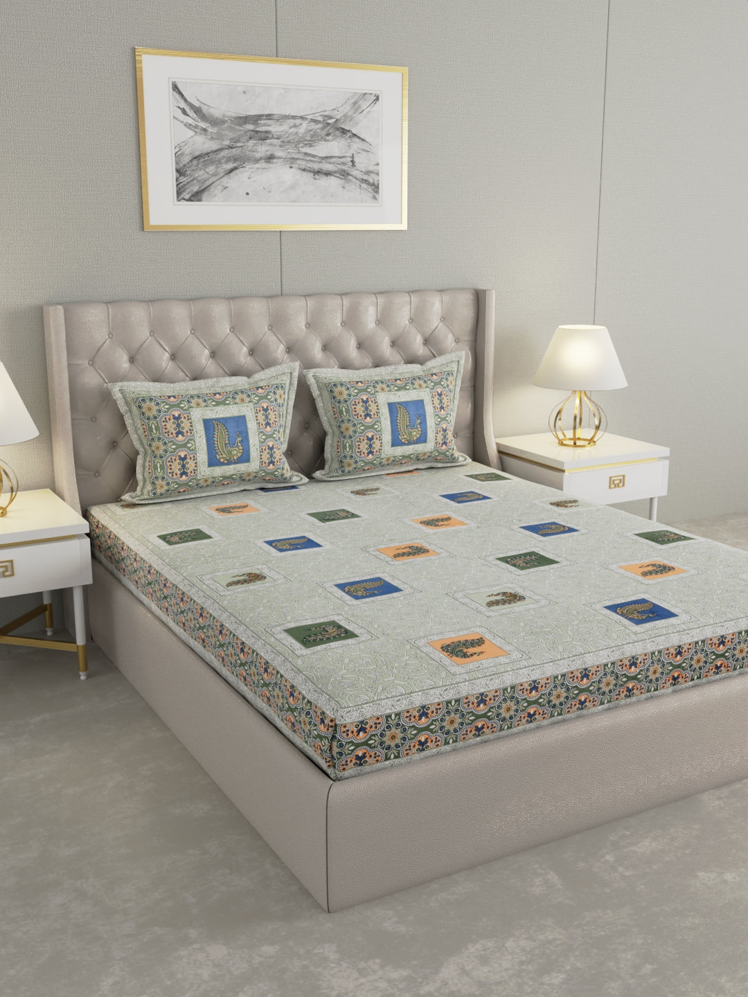 Pure Organic Cotton Bedsheet Hand Block Printed King Size with Pillow Covers 240 TC 90X108 inches