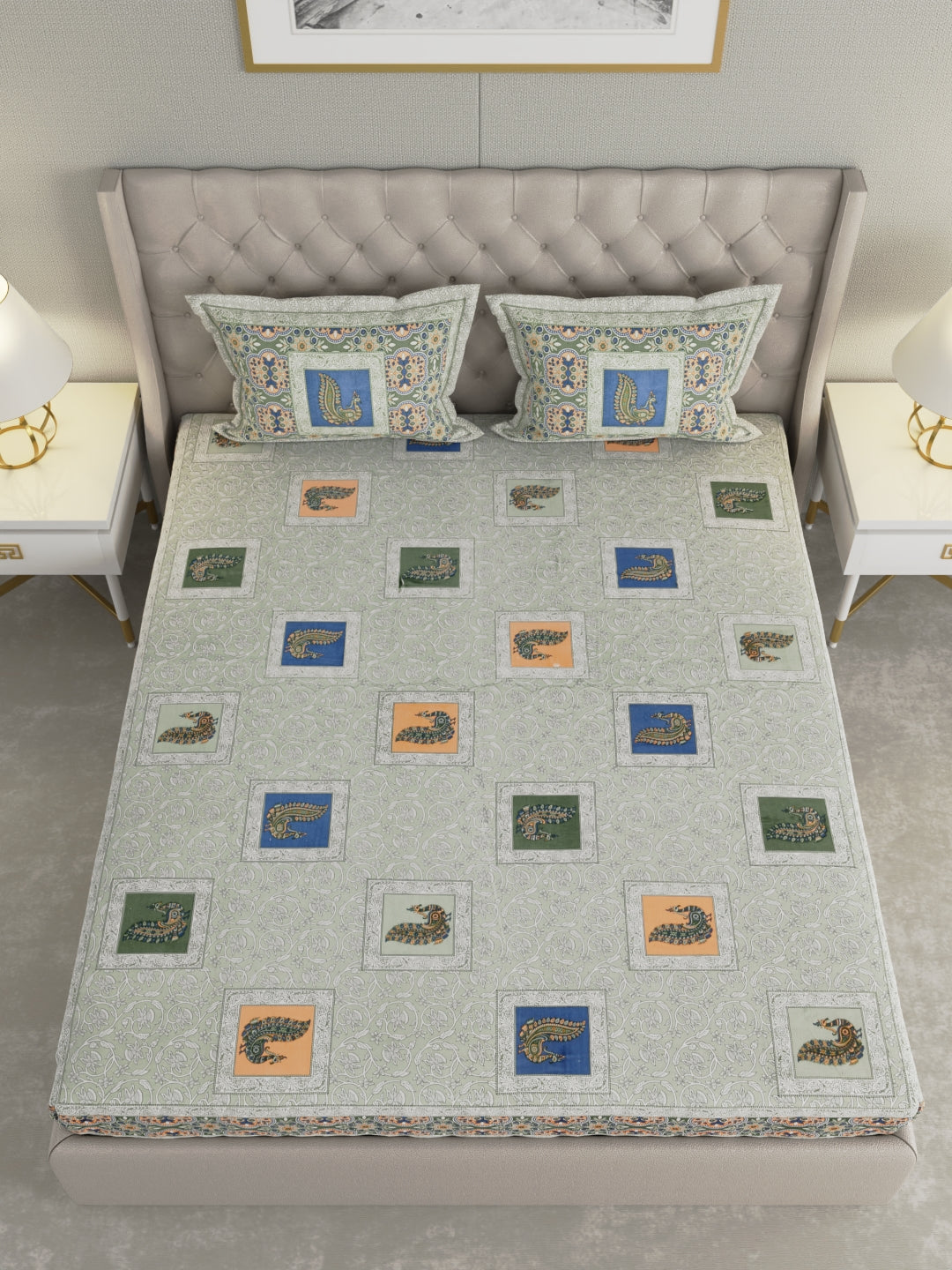 Pure Organic Cotton Bedsheet Hand Block Printed King Size with Pillow Covers 240 TC 90X108 inches