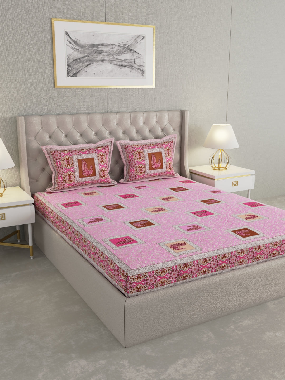 Pure Organic Cotton Bedsheet Hand Block Printed King Size with Pillow Covers 240 TC 90X108 inches