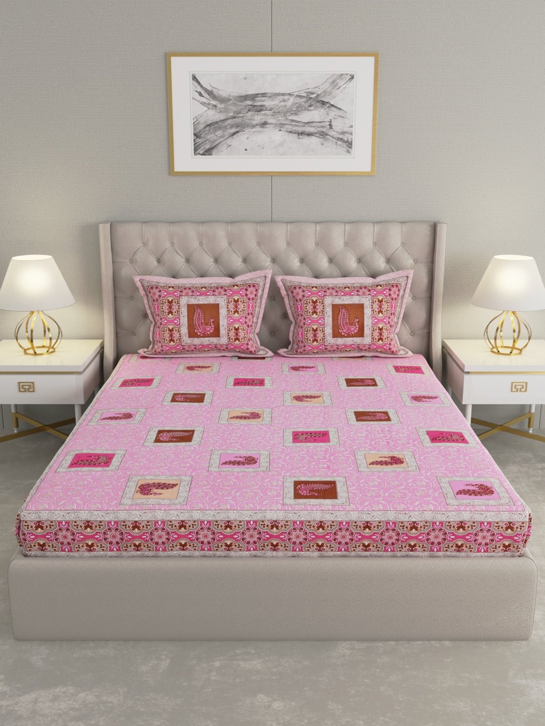 Pure Organic Cotton Bedsheet Hand Block Printed King Size with Pillow Covers 240 TC 90X108 inches