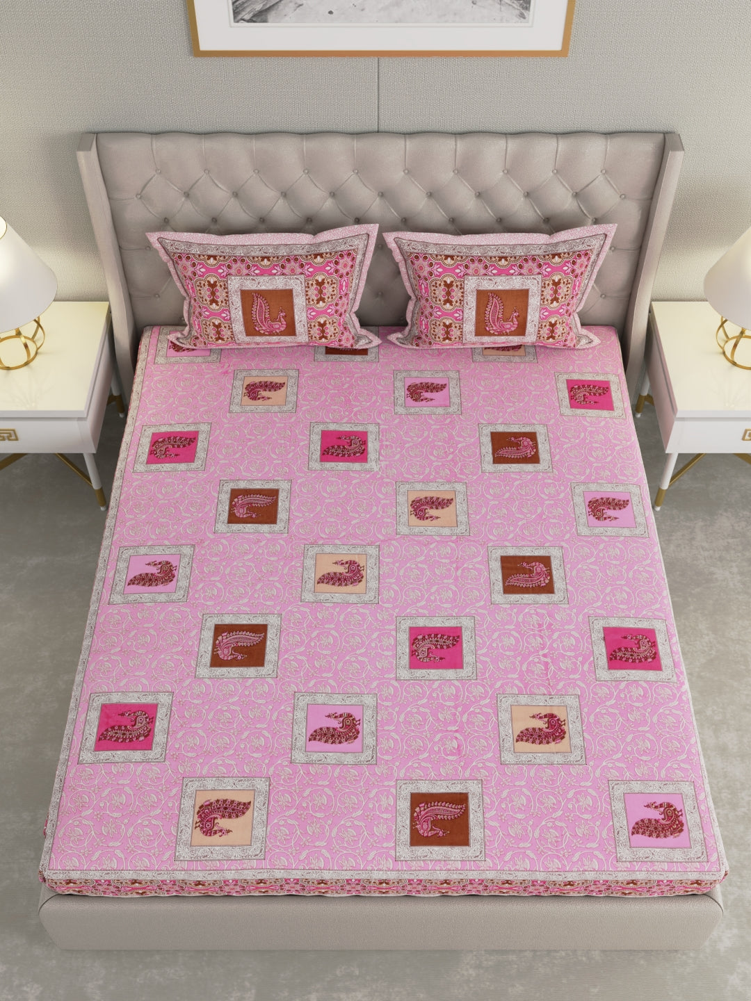 Pure Organic Cotton Bedsheet Hand Block Printed King Size with Pillow Covers 240 TC 90X108 inches