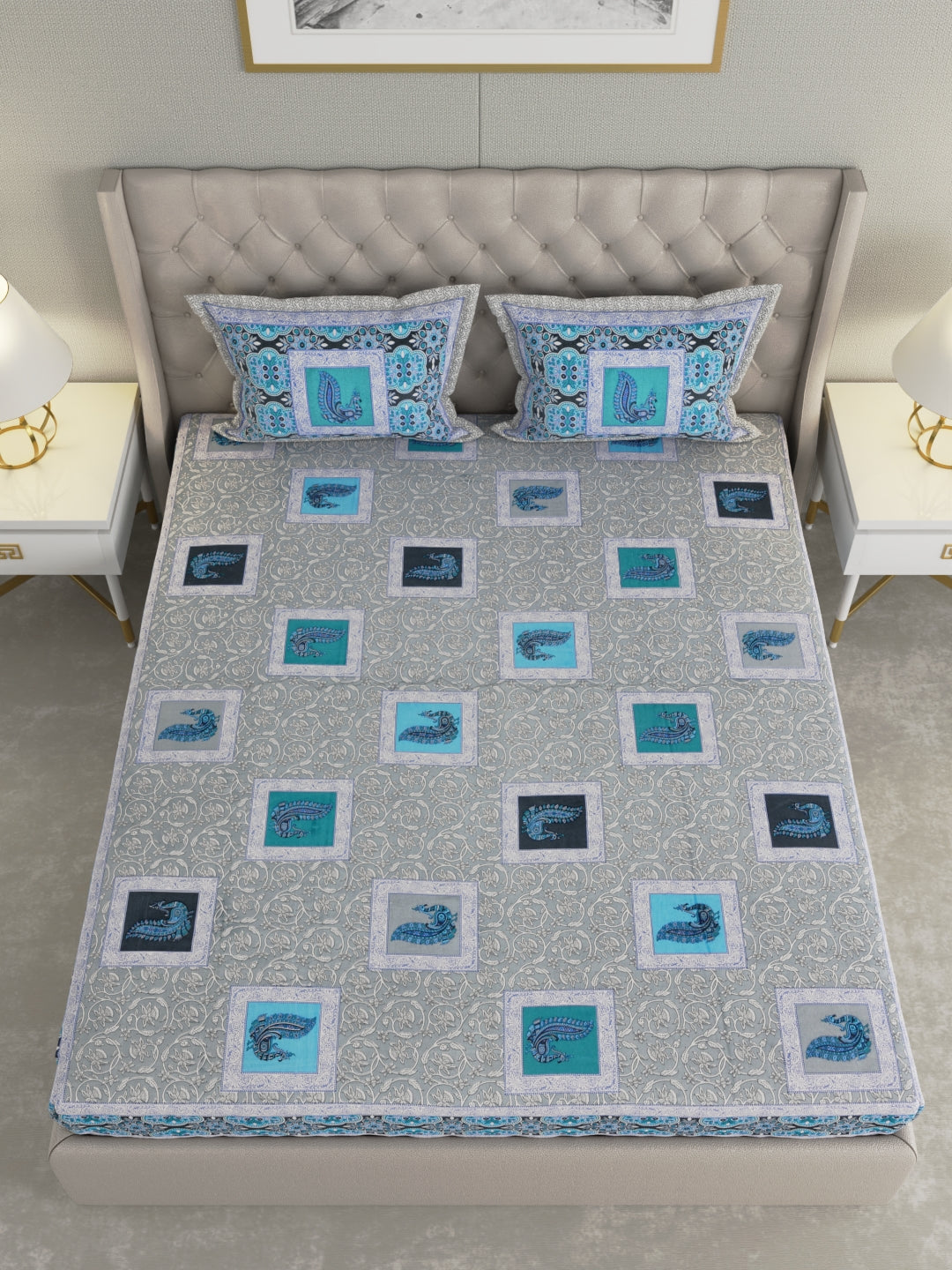 Pure Organic Cotton Bedsheet Hand Block Printed King Size with Pillow Covers 240 TC 90X108 inches