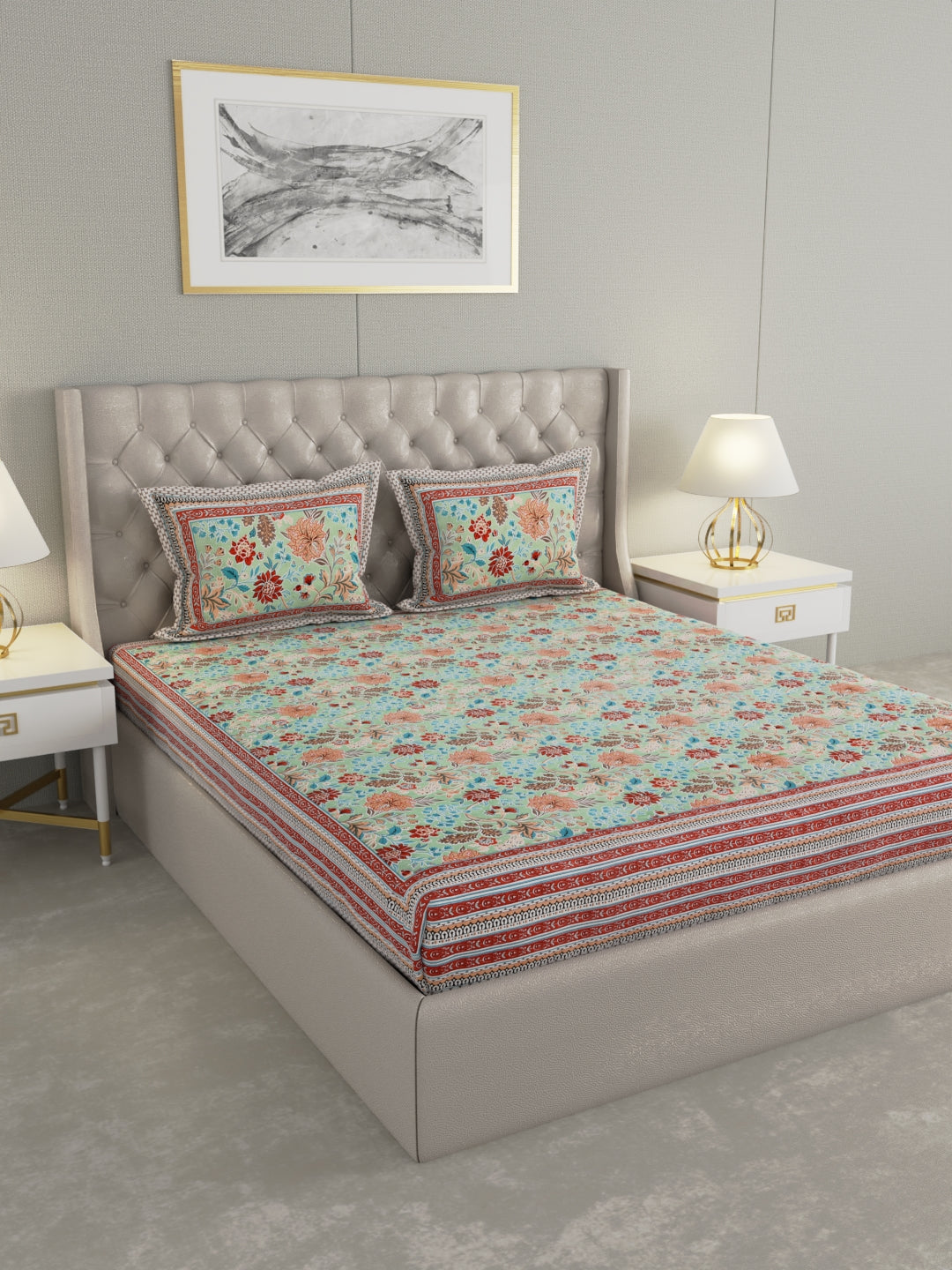 Pure Organic Cotton Bedsheet Hand Block Printed King Size with Pillow Covers 240 TC 90X108 inches