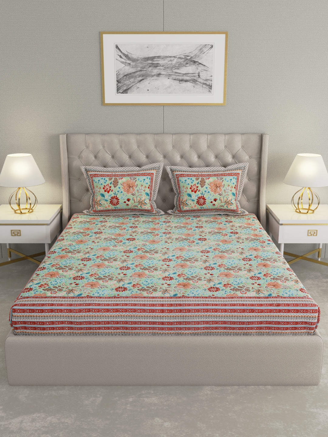 Pure Organic Cotton Bedsheet Hand Block Printed King Size with Pillow Covers 240 TC 90X108 inches