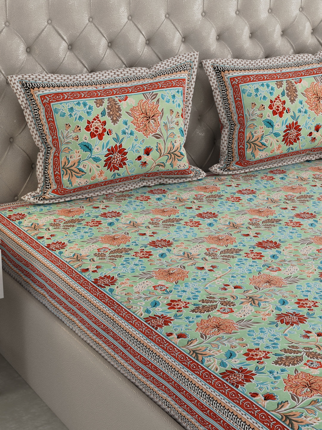 Pure Organic Cotton Bedsheet Hand Block Printed King Size with Pillow Covers 240 TC 90X108 inches
