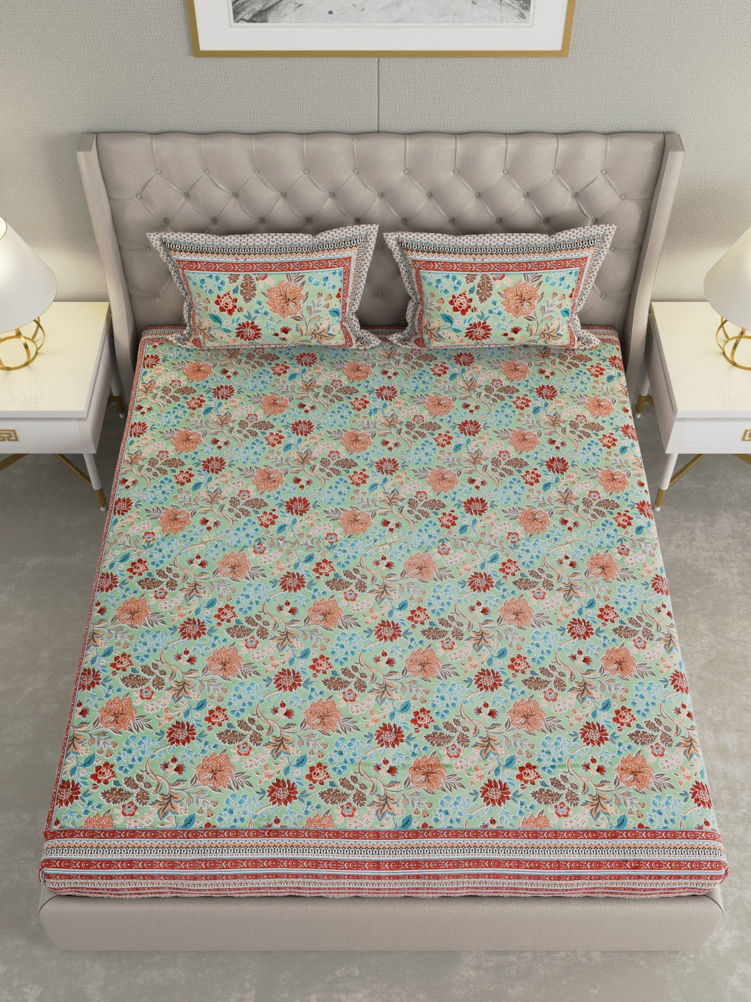 Pure Organic Cotton Bedsheet Hand Block Printed King Size with Pillow Covers 240 TC 90X108 inches