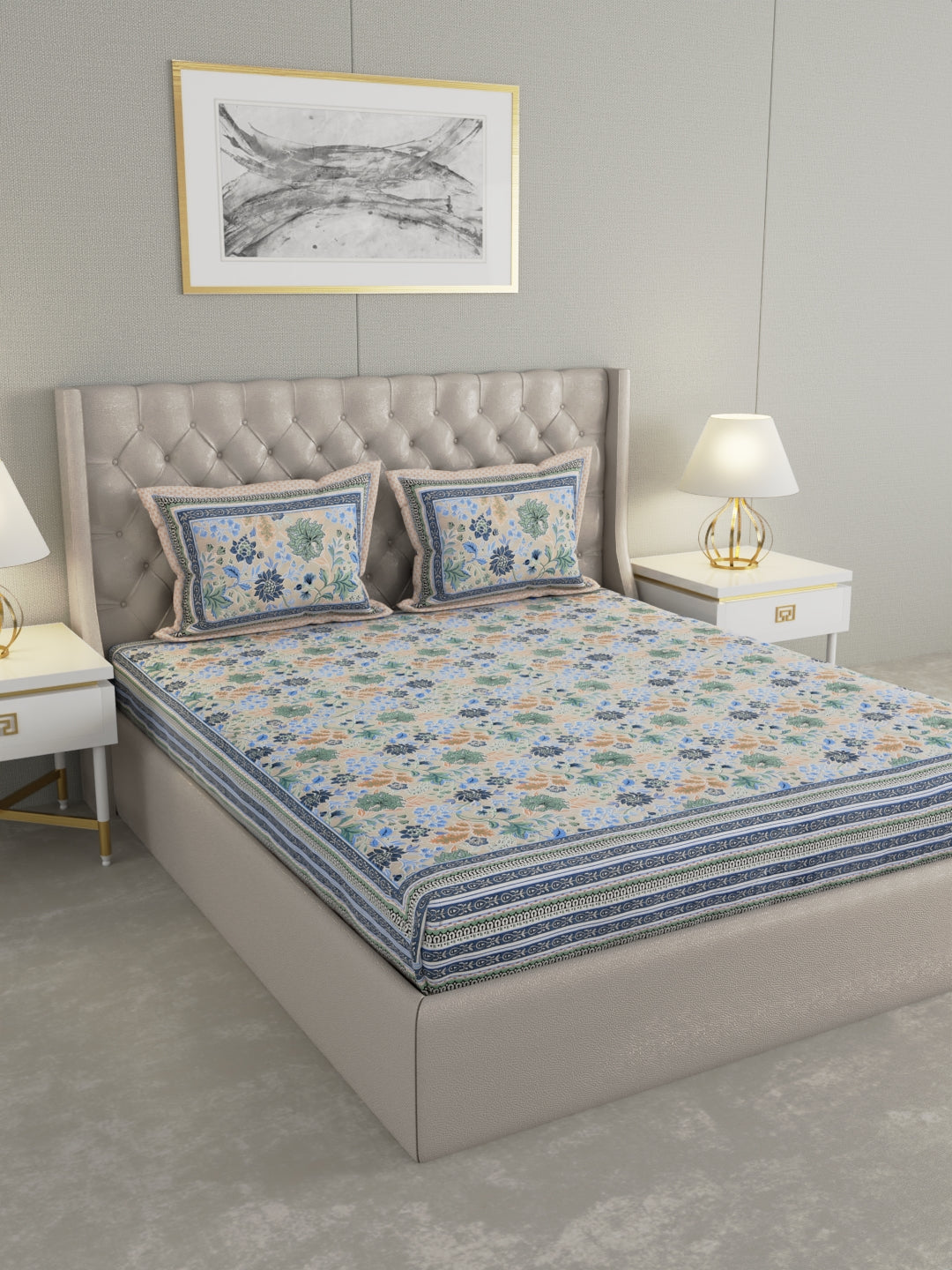 Pure Organic Cotton Bedsheet Hand Block Printed King Size with Pillow Covers 240 TC 90X108 inches