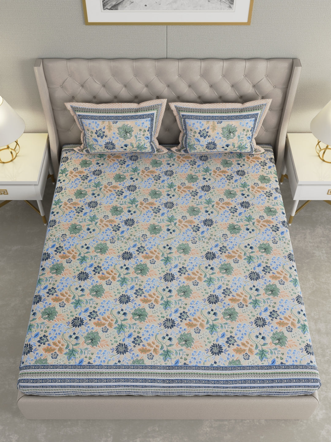 Pure Organic Cotton Bedsheet Hand Block Printed King Size with Pillow Covers 240 TC 90X108 inches