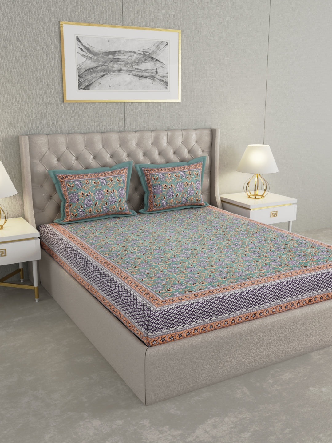 Pure Organic Cotton Bedsheet Hand Block Printed King Size with Pillow Covers 240 TC 90X108 inches