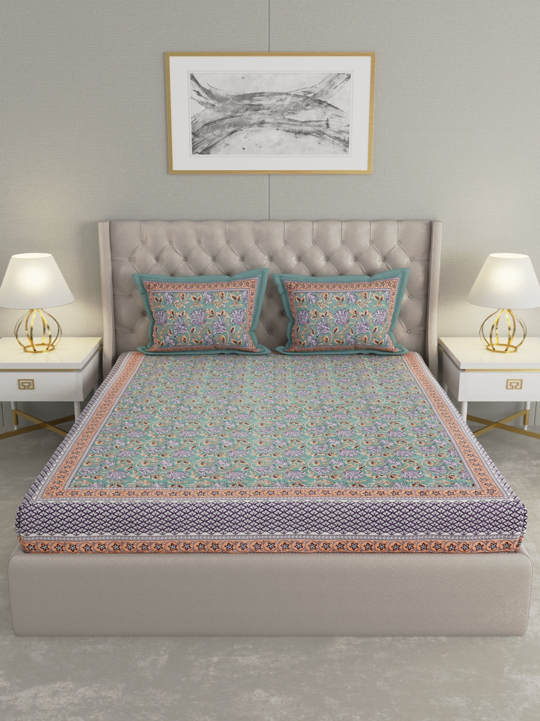 Pure Organic Cotton Bedsheet Hand Block Printed King Size with Pillow Covers 240 TC 90X108 inches