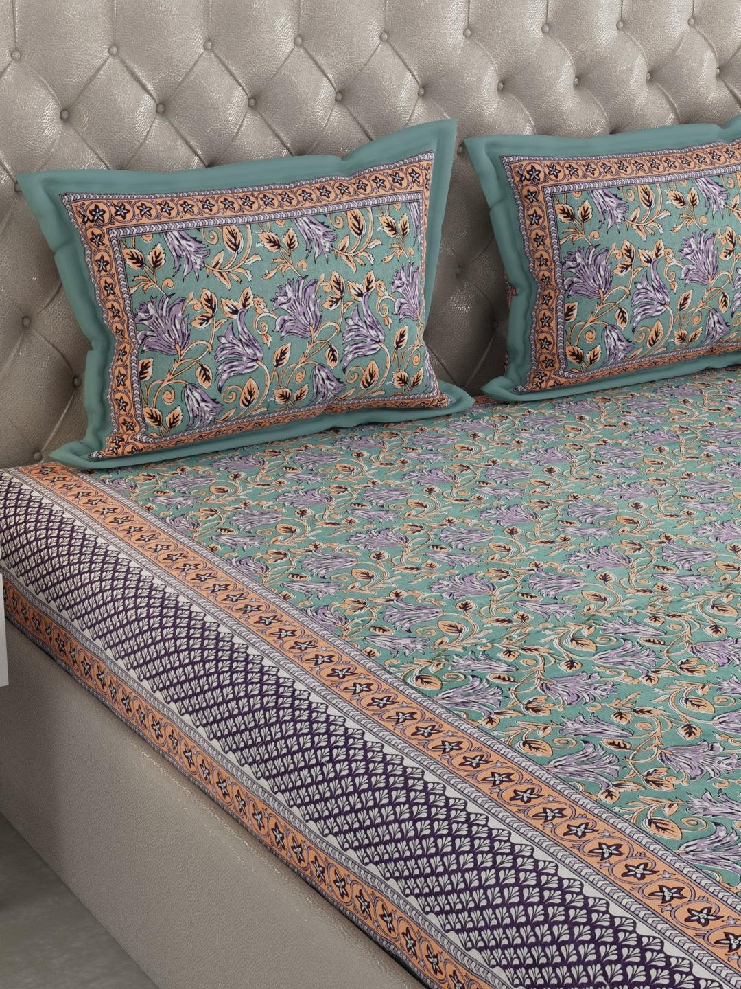 Pure Organic Cotton Bedsheet Hand Block Printed King Size with Pillow Covers 240 TC 90X108 inches