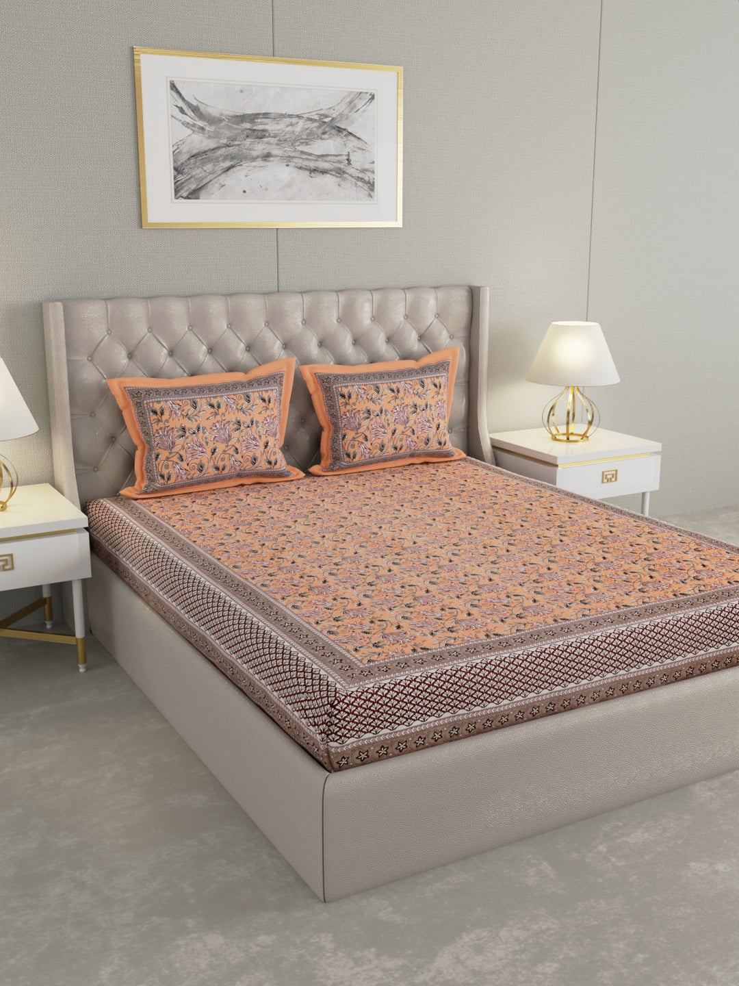 Pure Organic Cotton Bedsheet Hand Block Printed King Size with Pillow Covers 240 TC 90X108 inches
