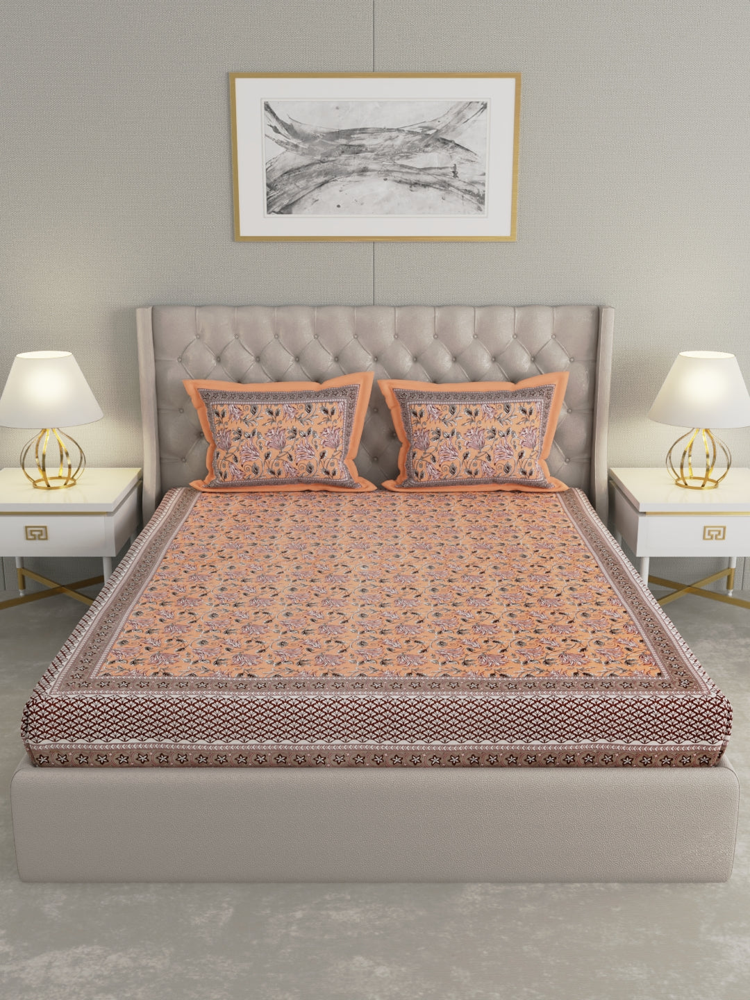 Pure Organic Cotton Bedsheet Hand Block Printed King Size with Pillow Covers 240 TC 90X108 inches