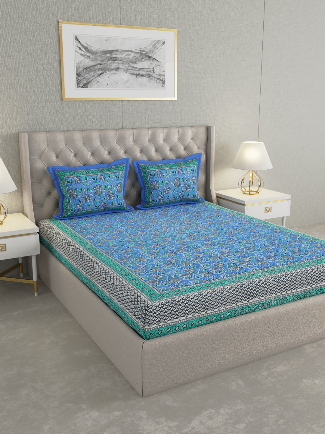 Pure Organic Cotton Bedsheet Hand Block Printed King Size with Pillow Covers 240 TC 90X108 inches