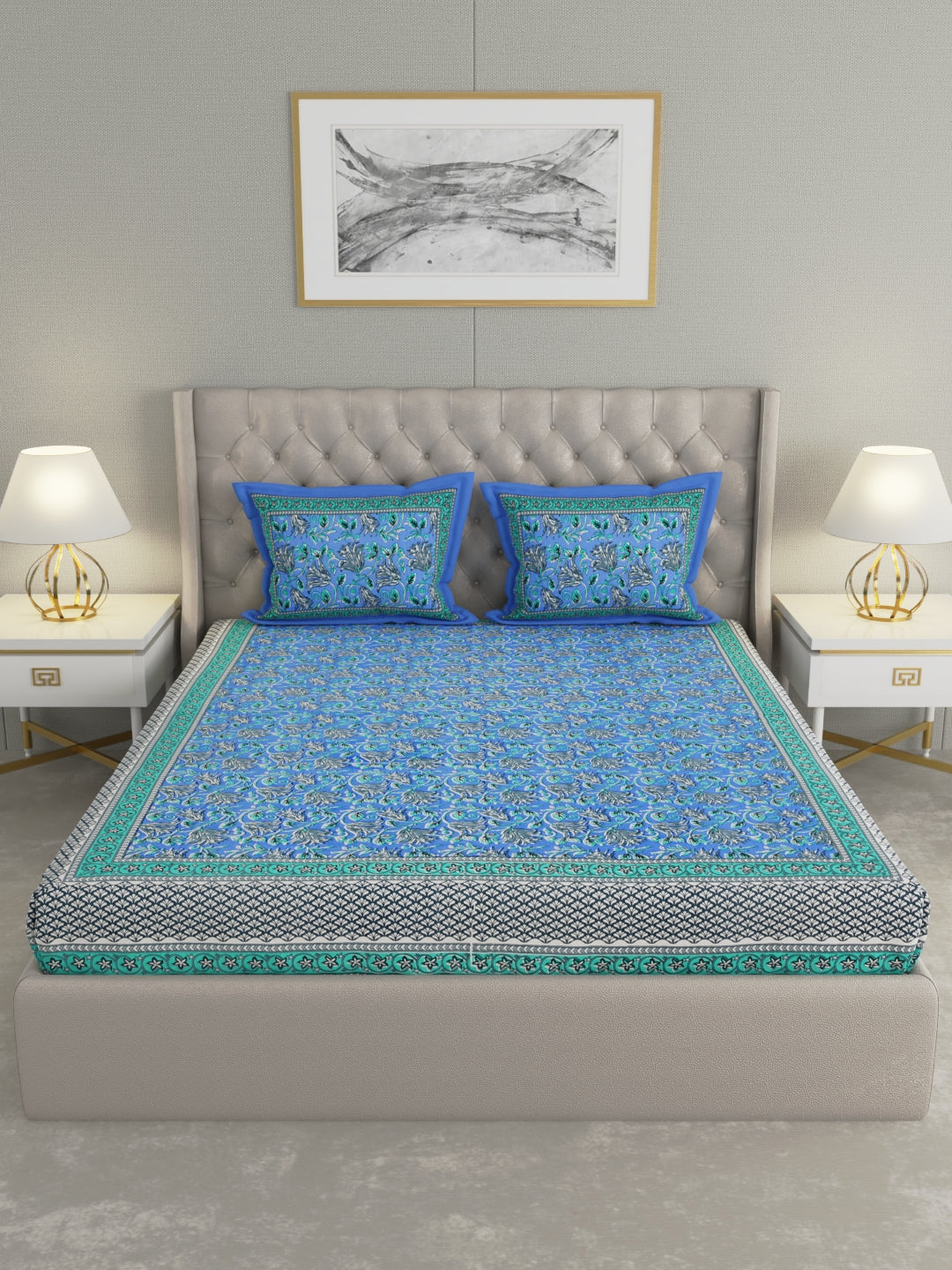 Pure Organic Cotton Bedsheet Hand Block Printed King Size with Pillow Covers 240 TC 90X108 inches