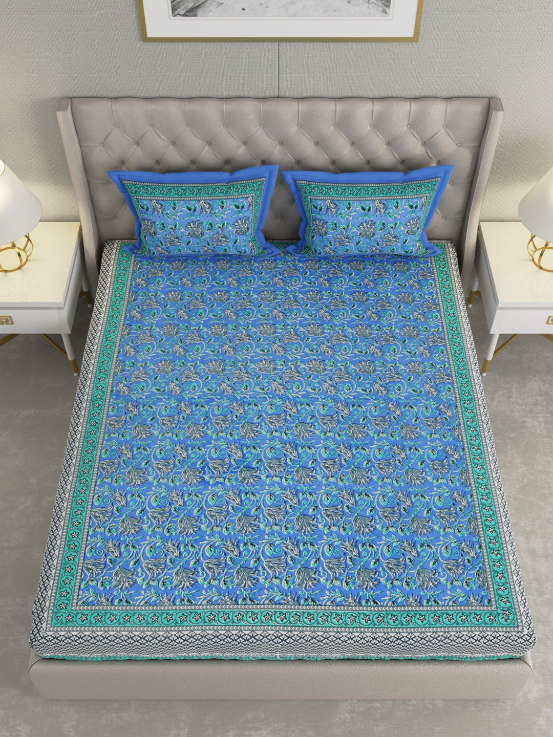Pure Organic Cotton Bedsheet Hand Block Printed King Size with Pillow Covers 240 TC 90X108 inches
