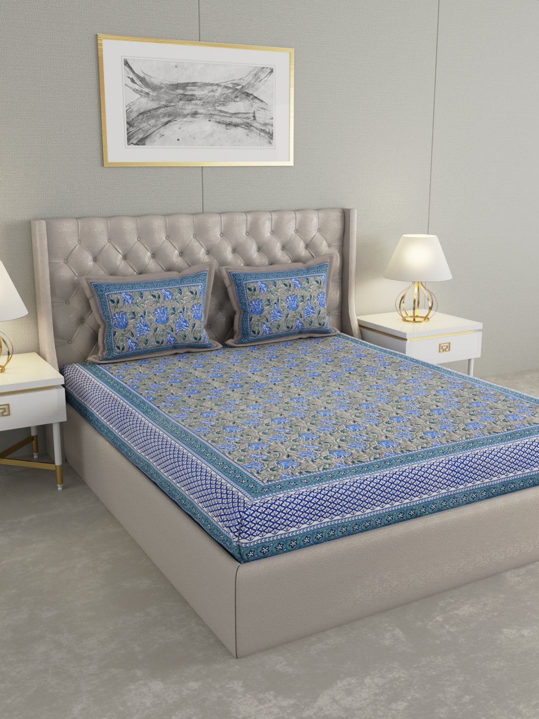 Pure Organic Cotton Bedsheet Hand Block Printed King Size with Pillow Covers 240 TC 90X108 inches