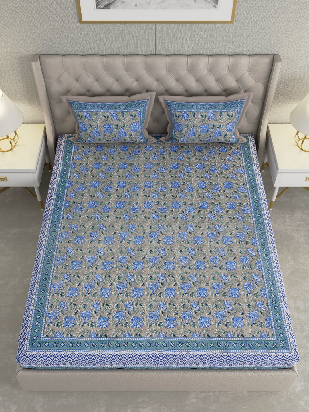 Pure Organic Cotton Bedsheet Hand Block Printed King Size with Pillow Covers 240 TC 90X108 inches