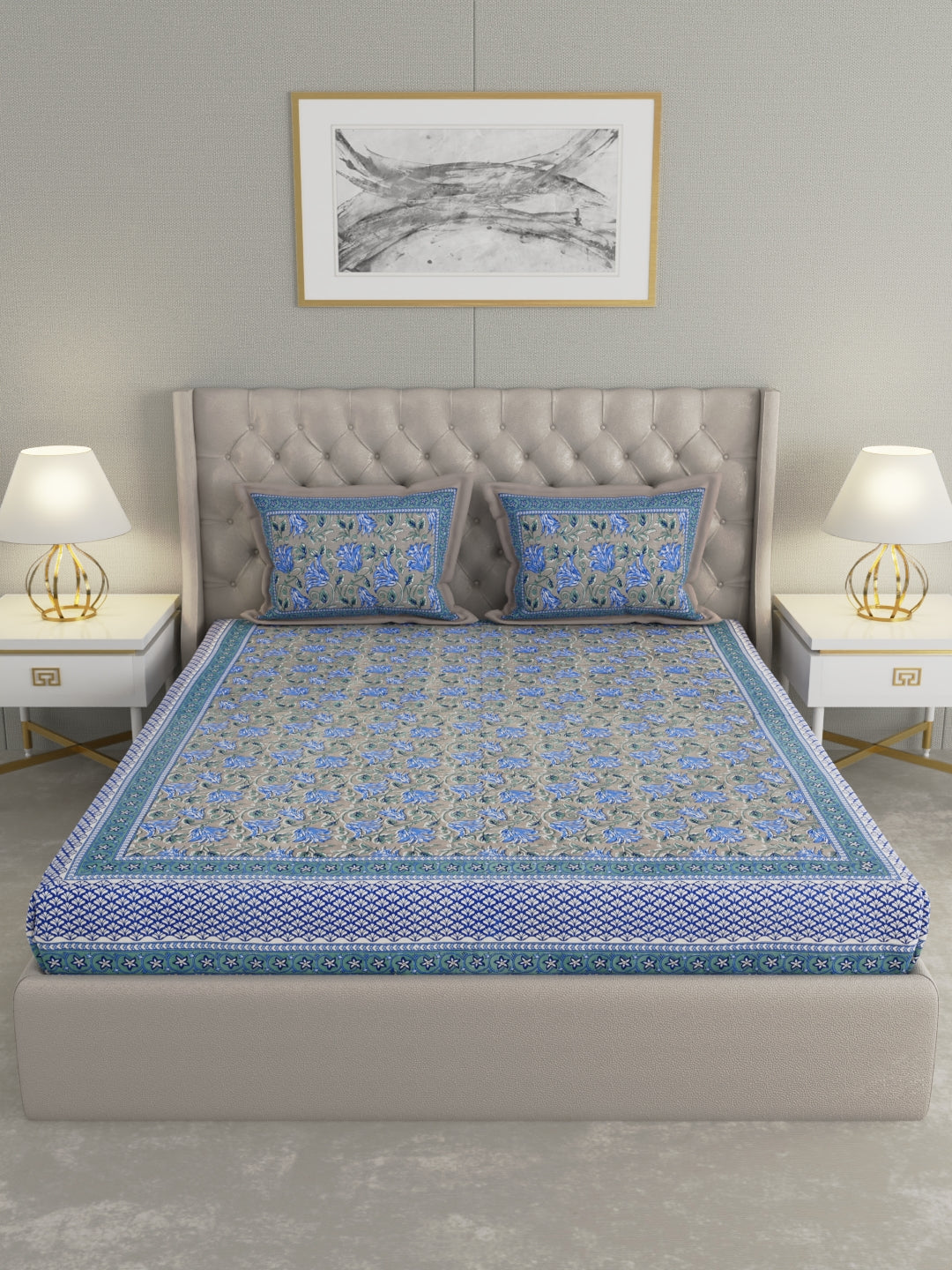 Pure Organic Cotton Bedsheet Hand Block Printed King Size with Pillow Covers 240 TC 90X108 inches
