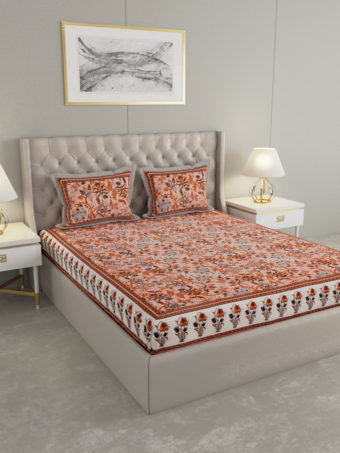 Pure Organic Cotton Bedsheet Hand Block Printed King Size with Pillow Covers 240 TC 90X108 inches