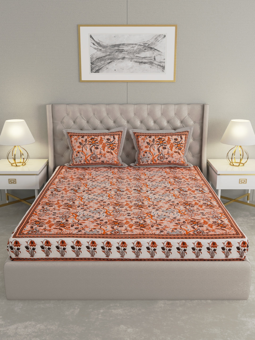 Pure Organic Cotton Bedsheet Hand Block Printed King Size with Pillow Covers 240 TC 90X108 inches