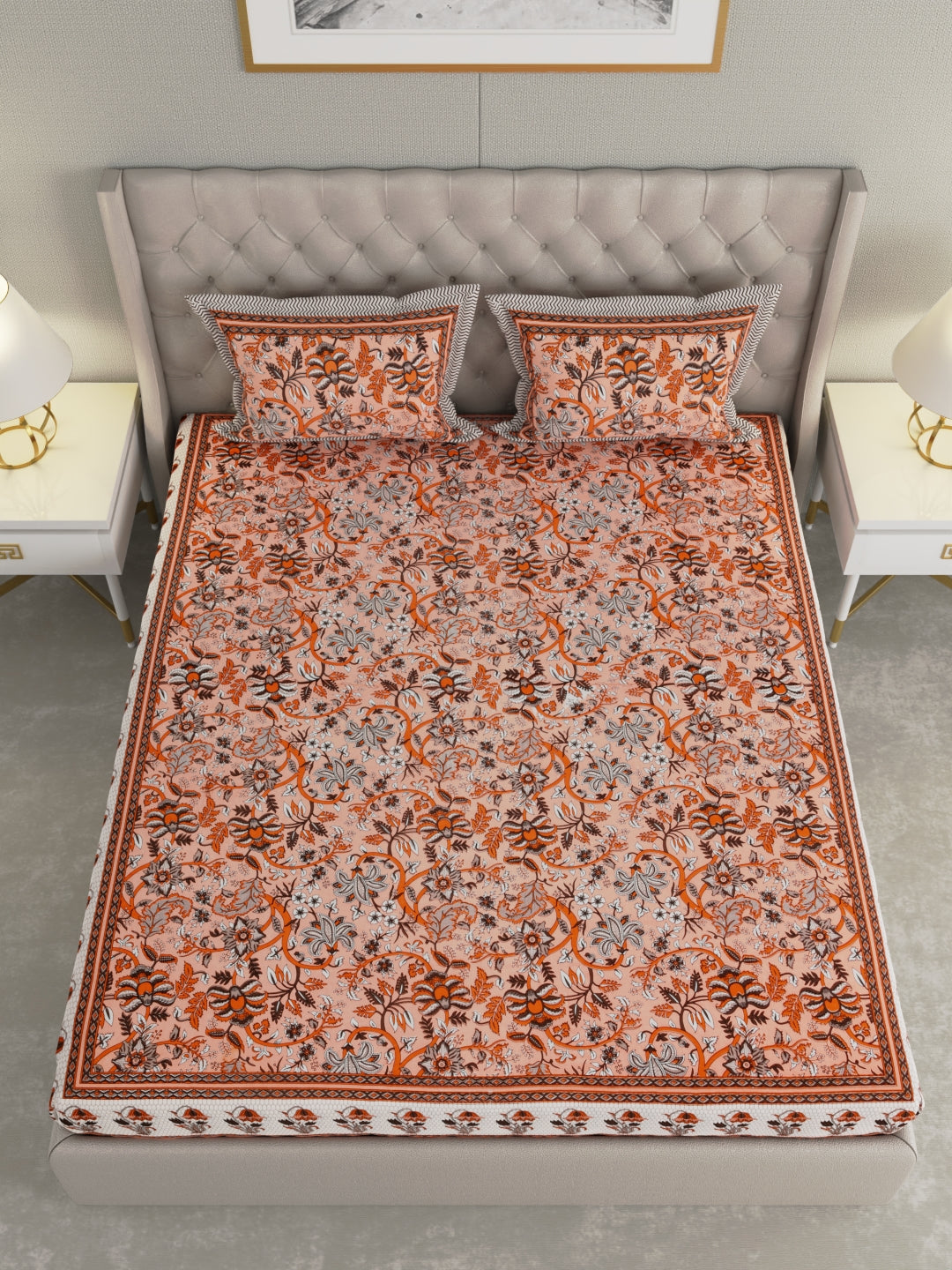 Pure Organic Cotton Bedsheet Hand Block Printed King Size with Pillow Covers 240 TC 90X108 inches