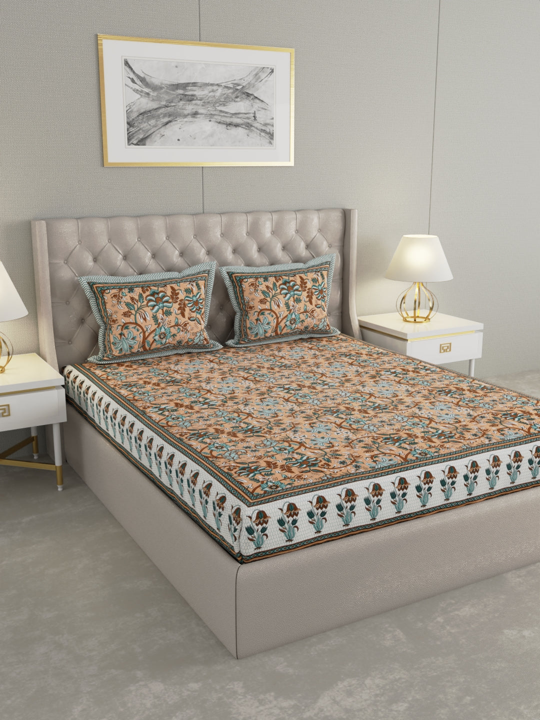 Pure Organic Cotton Bedsheet Hand Block Printed King Size with Pillow Covers 240 TC 90X108 inches