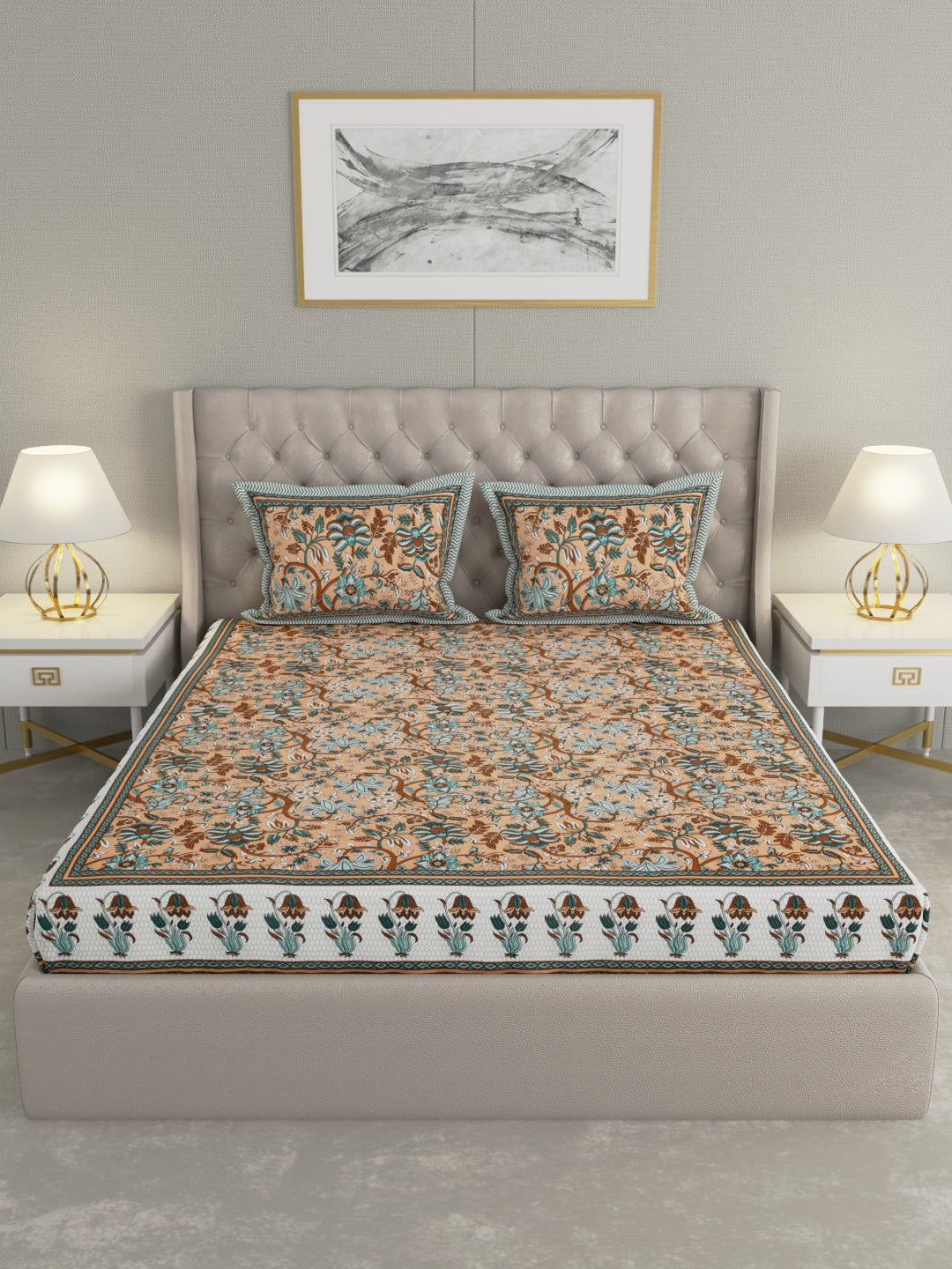 Pure Organic Cotton Bedsheet Hand Block Printed King Size with Pillow Covers 240 TC 90X108 inches