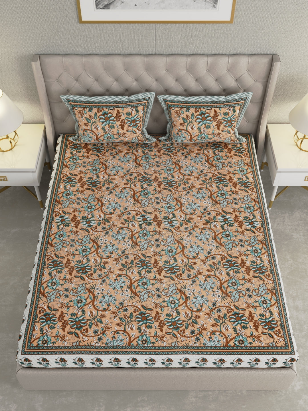 Pure Organic Cotton Bedsheet Hand Block Printed King Size with Pillow Covers 240 TC 90X108 inches
