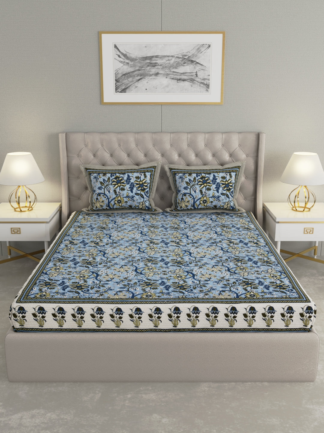 Pure Organic Cotton Bedsheet Hand Block Printed King Size with Pillow Covers 240 TC 90X108 inches