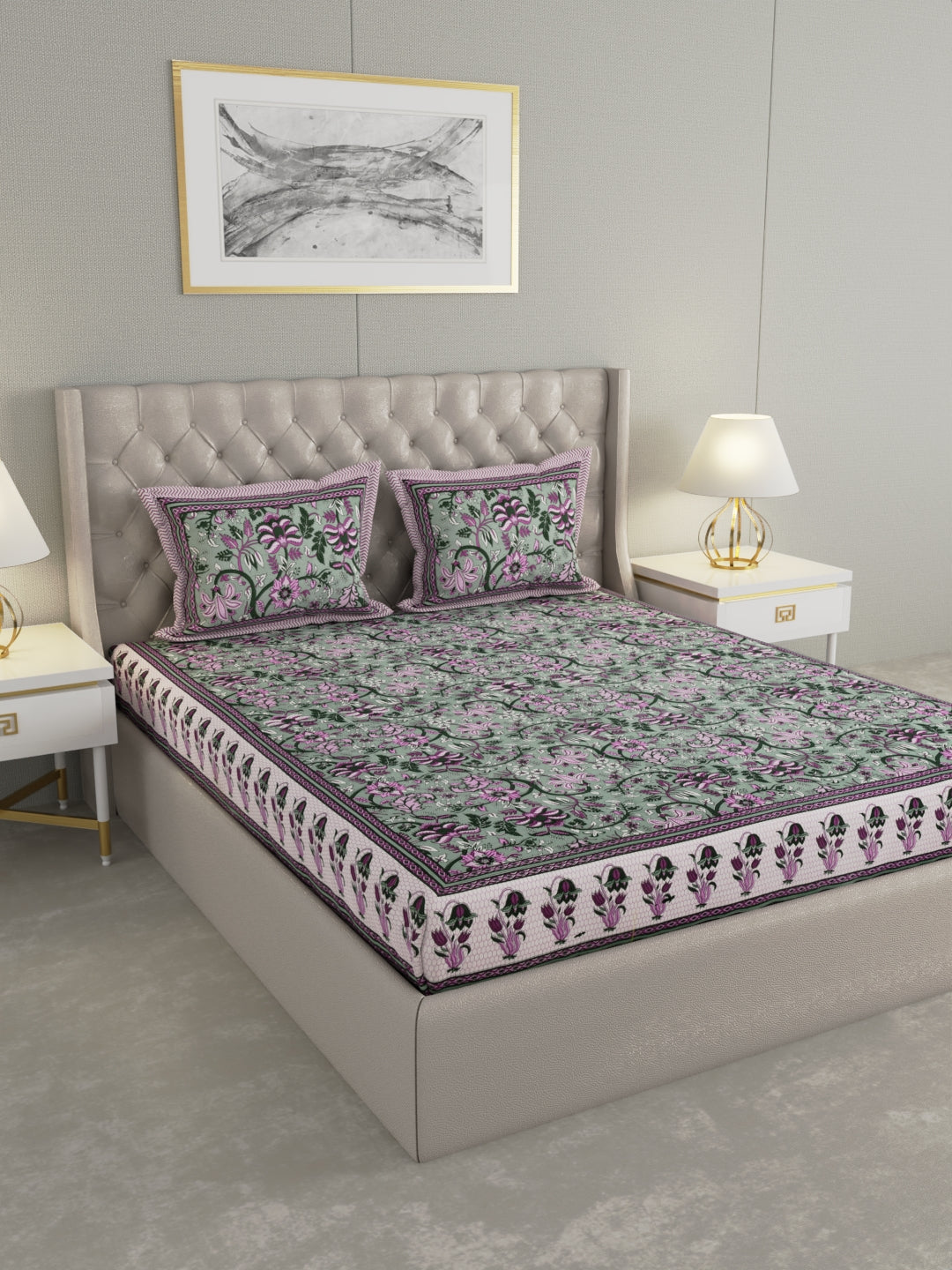 Pure Organic Cotton Bedsheet Hand Block Printed King Size with Pillow Covers 240 TC 90X108 inches