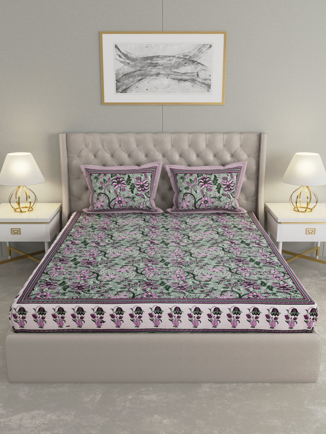 Pure Organic Cotton Bedsheet Hand Block Printed King Size with Pillow Covers 240 TC 90X108 inches