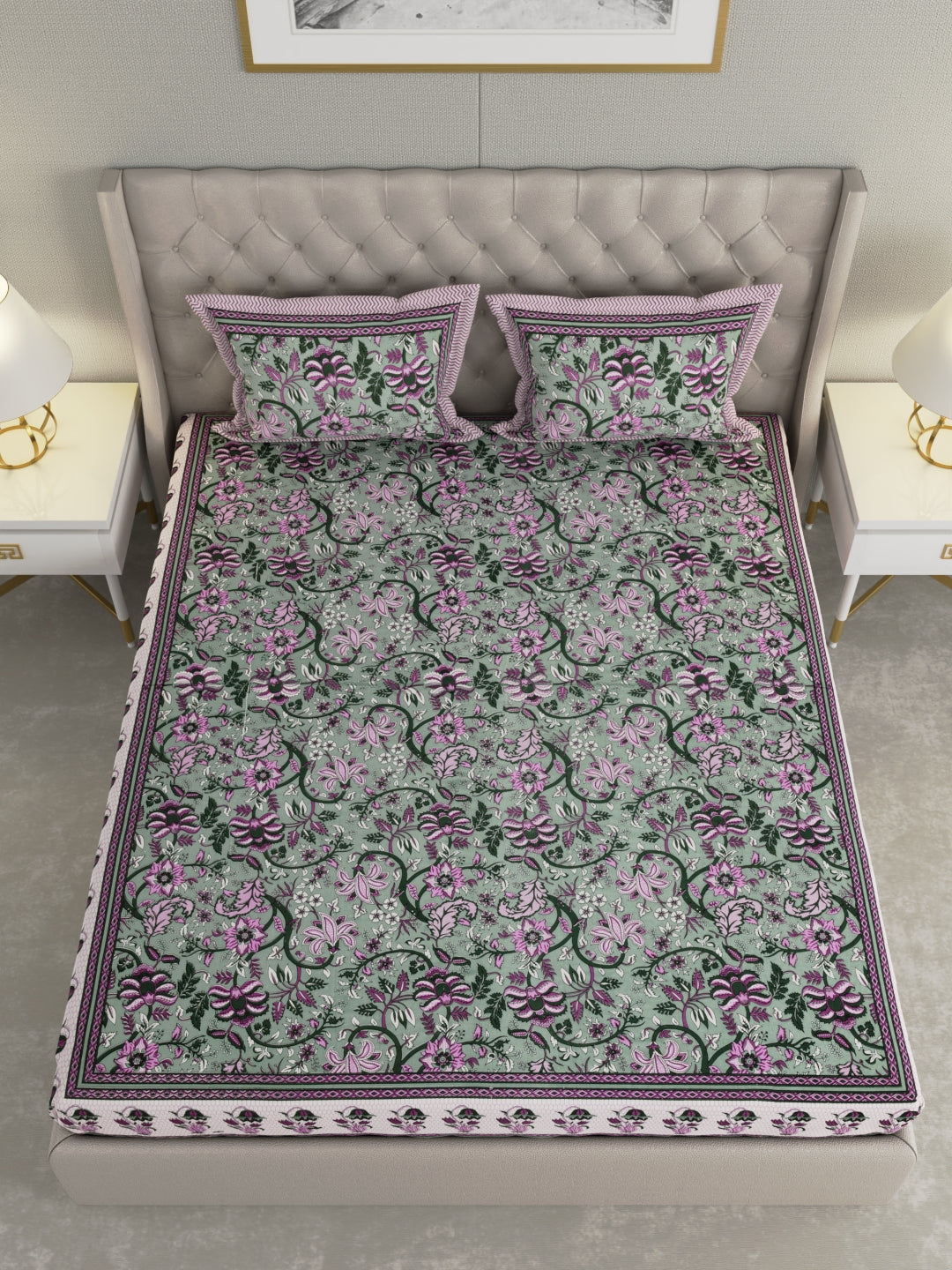 Pure Organic Cotton Bedsheet Hand Block Printed King Size with Pillow Covers 240 TC 90X108 inches